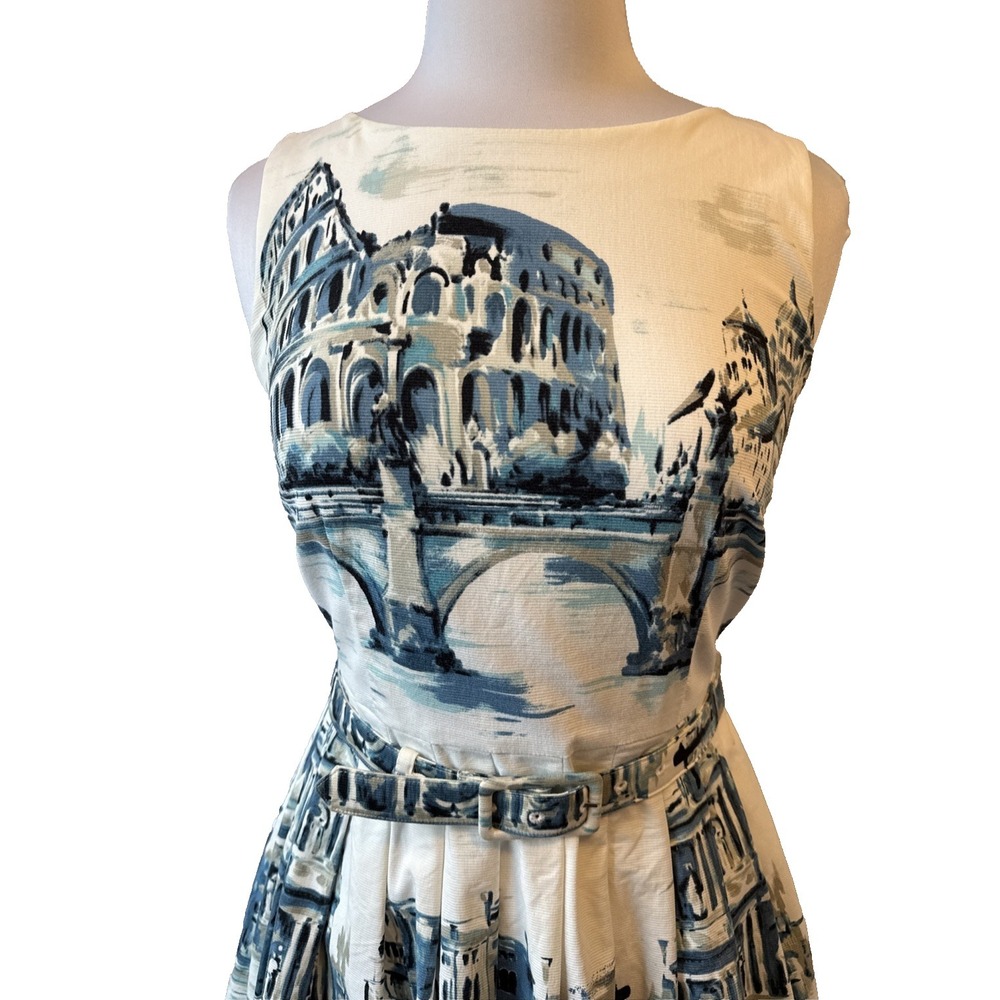 Talbots Painterly Scenic Rome Fit & Flare Dress 2 Pockets Belted  Brunch Artsy - Picture 2 of 12